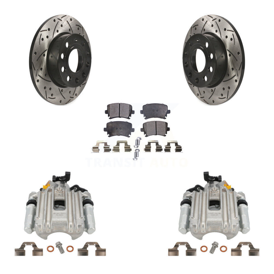 Rear Disc Brake Coated Caliper Drilled Slotted Rotors And Ceramic Pads Kit For Volkswagen Jetta With 260mm Diameter Rotor 7th 8th Digit Of VIN Is "1K" KCD-100516T