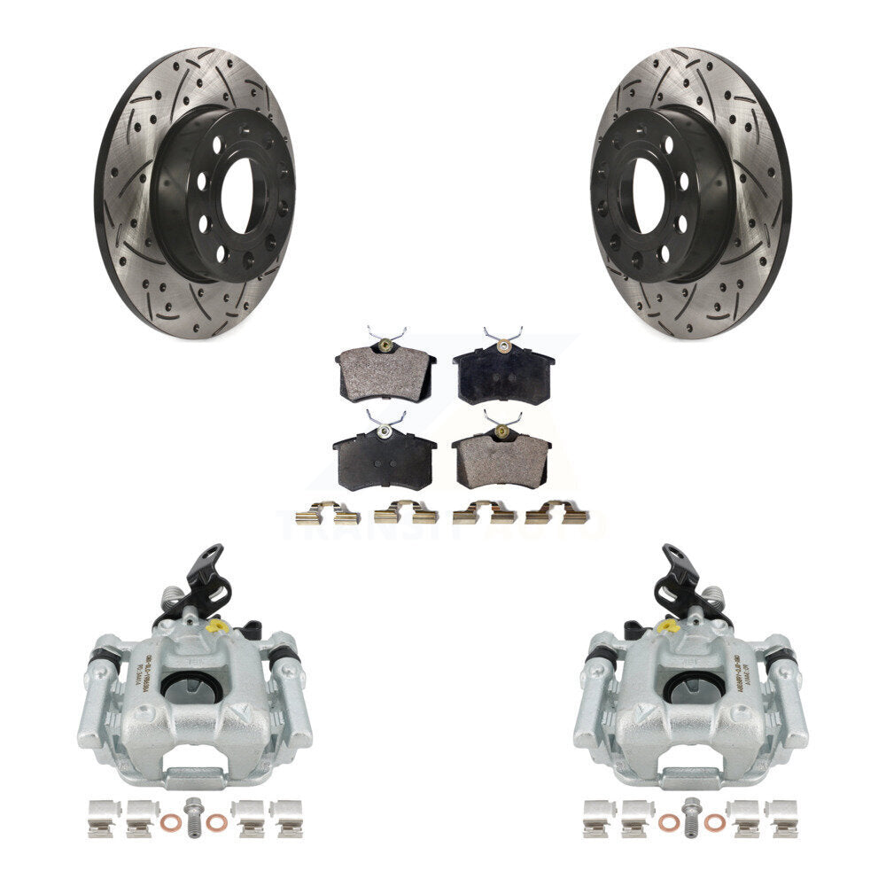 Rear Disc Brake Coated Caliper Drilled Slotted Rotors And Ceramic Pads Kit For 2011 Volkswagen Golf 2.0L With 256mm Diameter Rotor KCD-100519T by Transit Auto