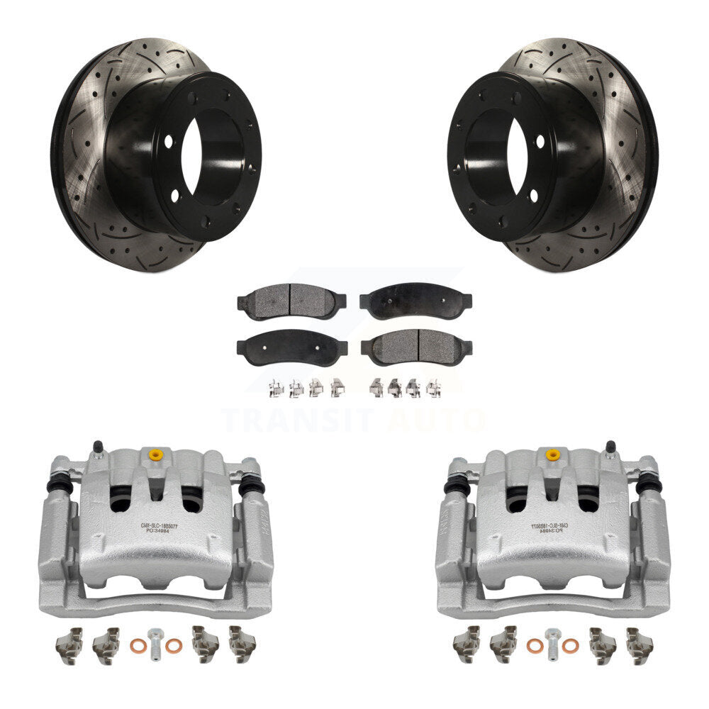 Rear Brake Coat Caliper Drill Slot Rotor Semi-Metallic Pad Kit For Ford F-250 Super Duty KCD-100529P