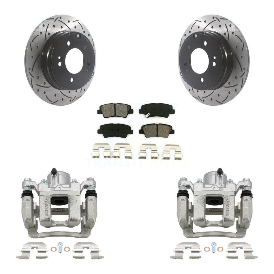 Rear Brake Caliper Drill Slot Rotors Semi-Metallic Pad Kit For Hyundai Sonata Kia Optima KCD-100540S