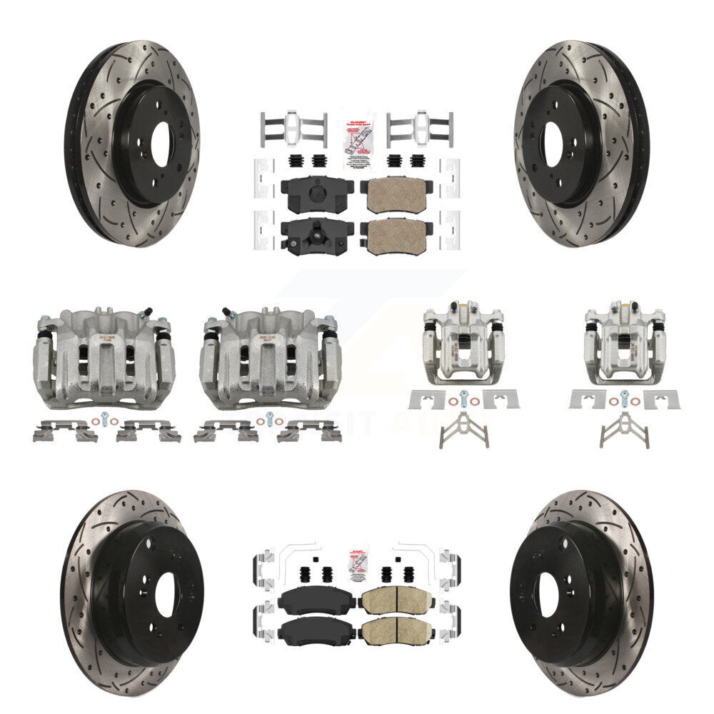 Front Rear Brake Coated Caliper Drilled Slot Rotor Ceramic Pad Kit (10Pc) For Honda CR-V KCD-100542N