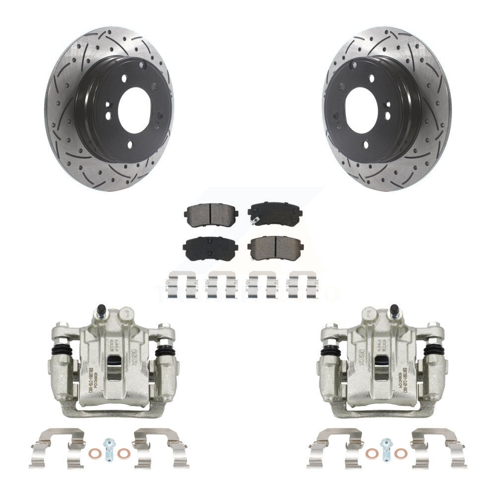 Rear Brake Caliper Drill Slot Rotors Semi-Metallic Pad Kit For Hyundai Sonata Kia Optima KCD-100548S