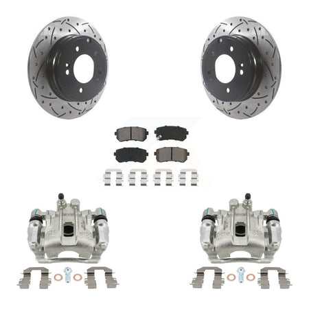 Rear Brake Caliper Drill Slot Rotors Semi-Metallic Pad Kit For Hyundai Sonata Kia Optima KCD-100549S