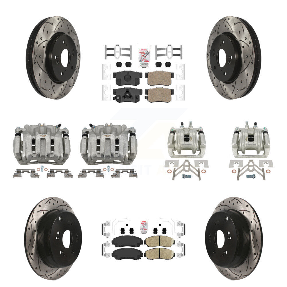 Front Rear Brake Caliper Drill Slotted Rotor Ceramic Pad Kit (10Pc) For Honda CR-V Acura KCD-100550N