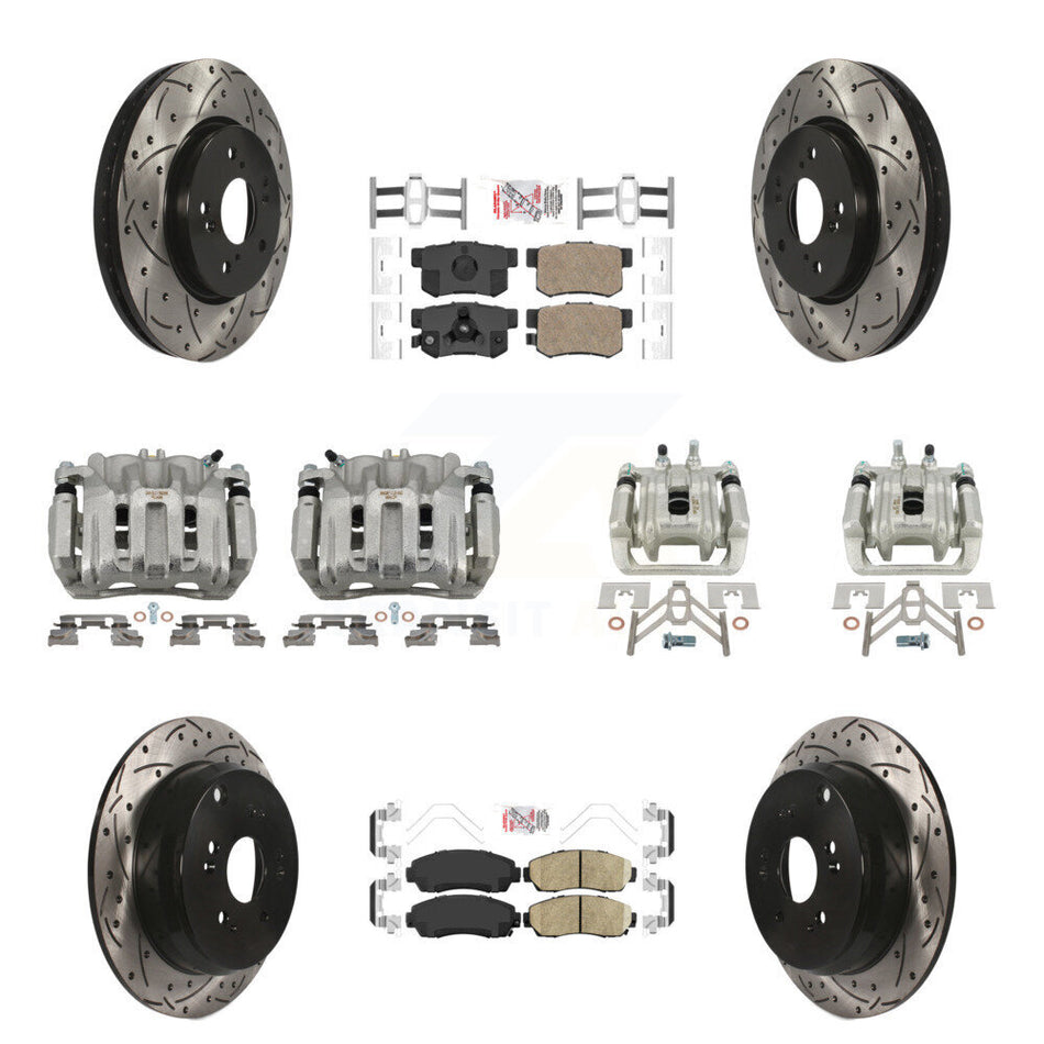 Front Rear Brake Caliper Drill Slotted Rotor Ceramic Pad Kit (10Pc) For Honda CR-V Acura KCD-100551N