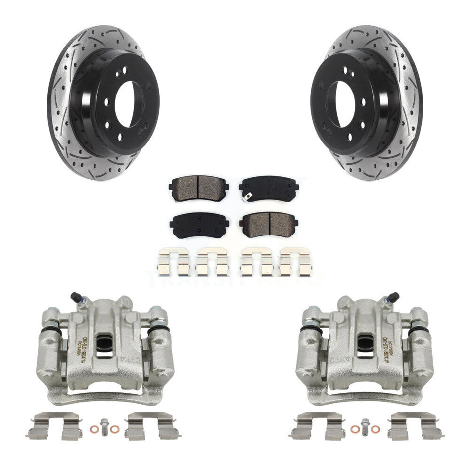 Rear Brake Coated Caliper Drill Slotted Rotors Semi-Metallic Pad Kit For Hyundai Elantra KCD-100553S