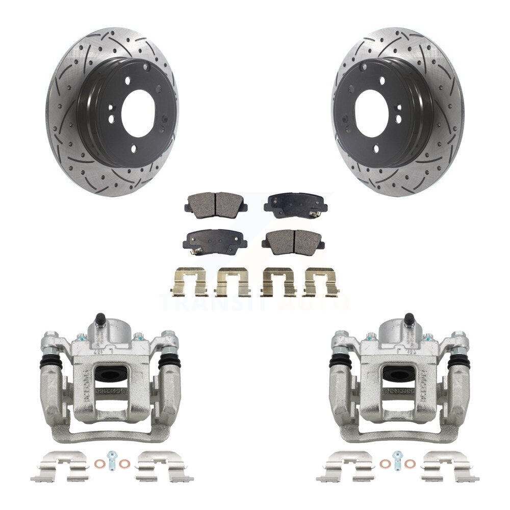 Rear Brake Coated Caliper Drill Slot Rotor Ceramic Pad Kit For Hyundai Sonata Kia Optima KCD-100559T