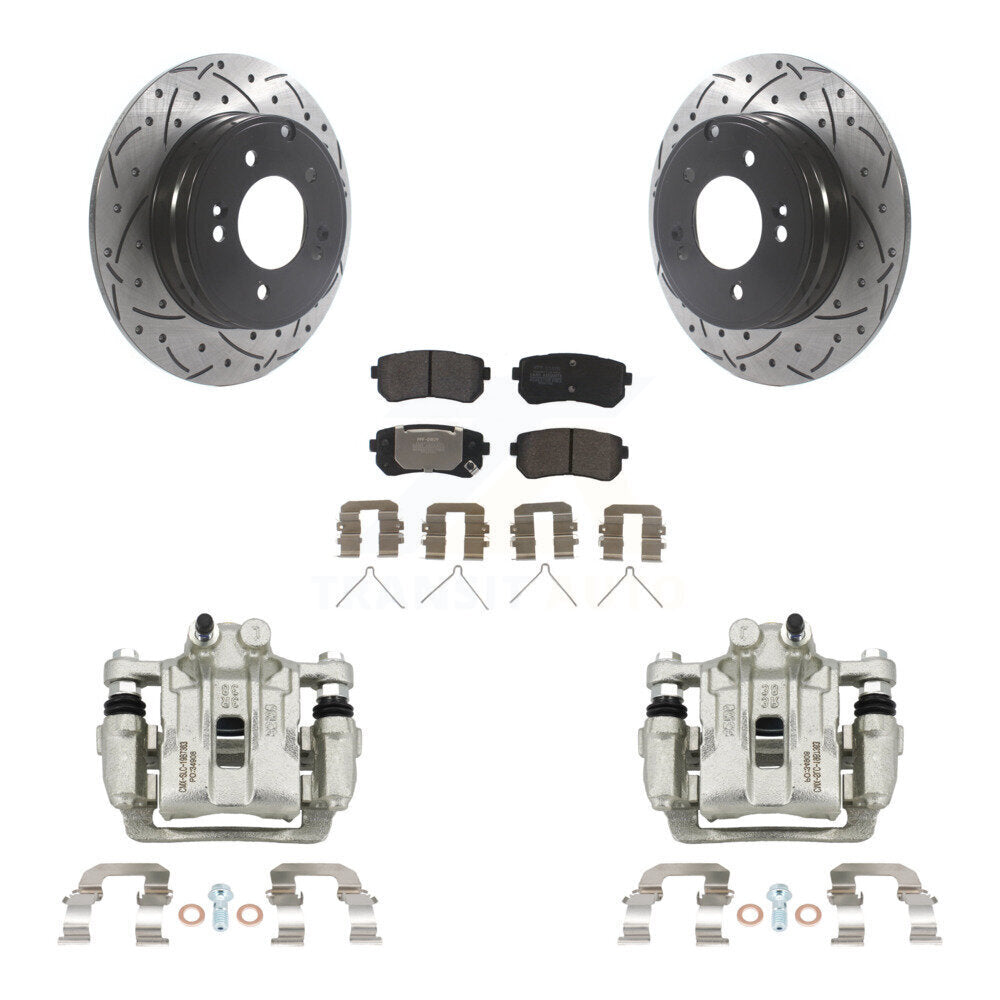 Rear Brake Caliper Drill Slot Rotors Semi-Metallic Pad Kit For Hyundai Sonata Kia Optima KCD-100563P
