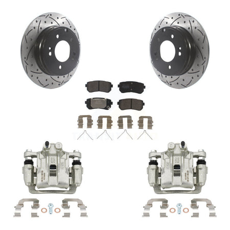 Rear Brake Caliper Drill Slot Rotors Semi-Metallic Pad Kit For Hyundai Sonata Kia Optima KCD-100563P
