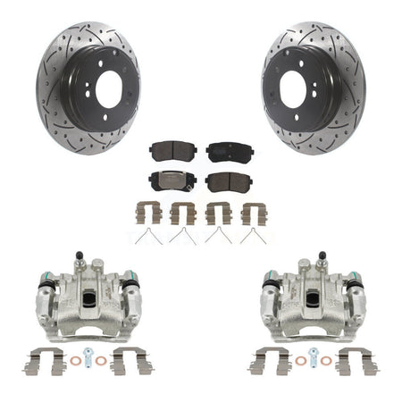 Rear Brake Caliper Drill Slot Rotors Semi-Metallic Pad Kit For Hyundai Sonata Kia Optima KCD-100564P