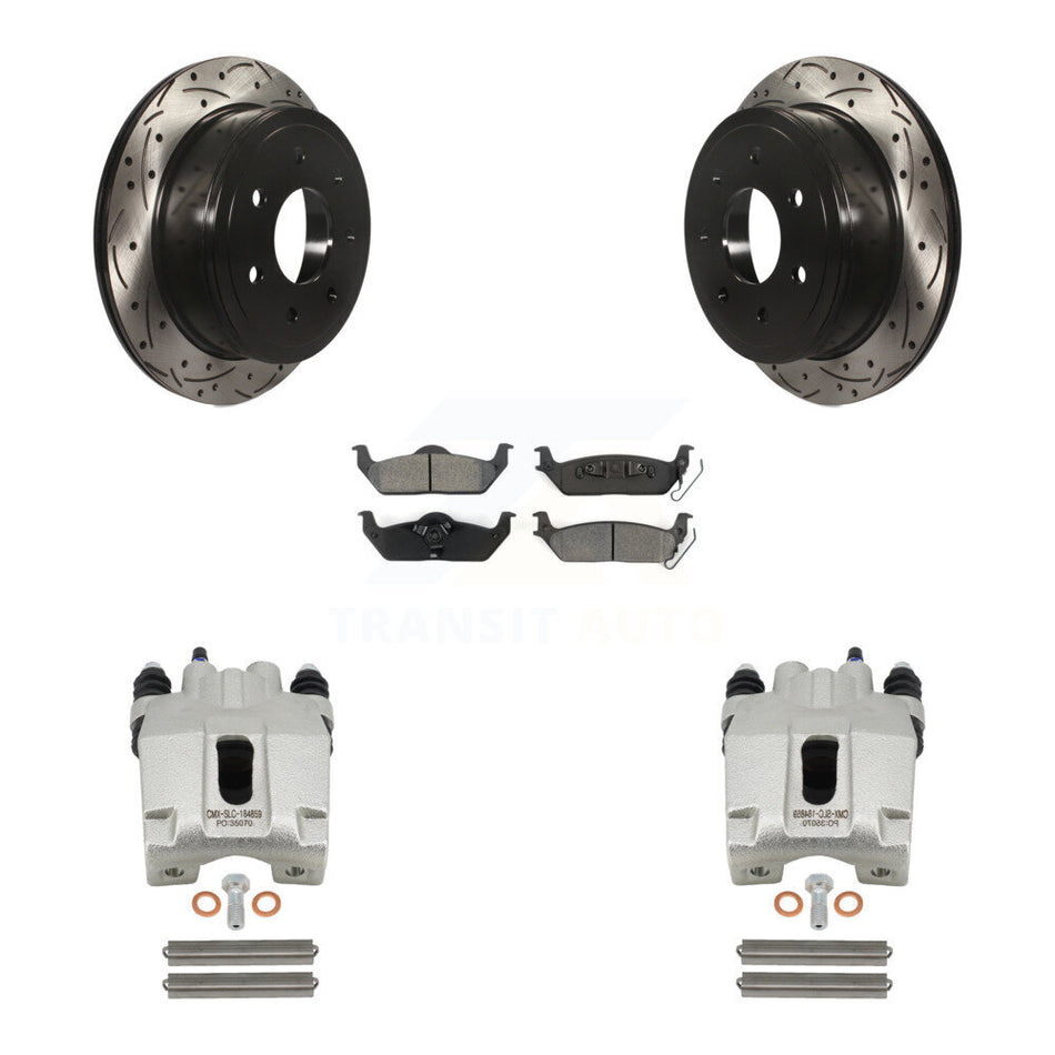 Rear Disc Brake Coated Caliper Drilled Slotted Rotors And Semi-Metallic Pads Kit For Ford F-150 Lincoln Mark LT KCD-100566S