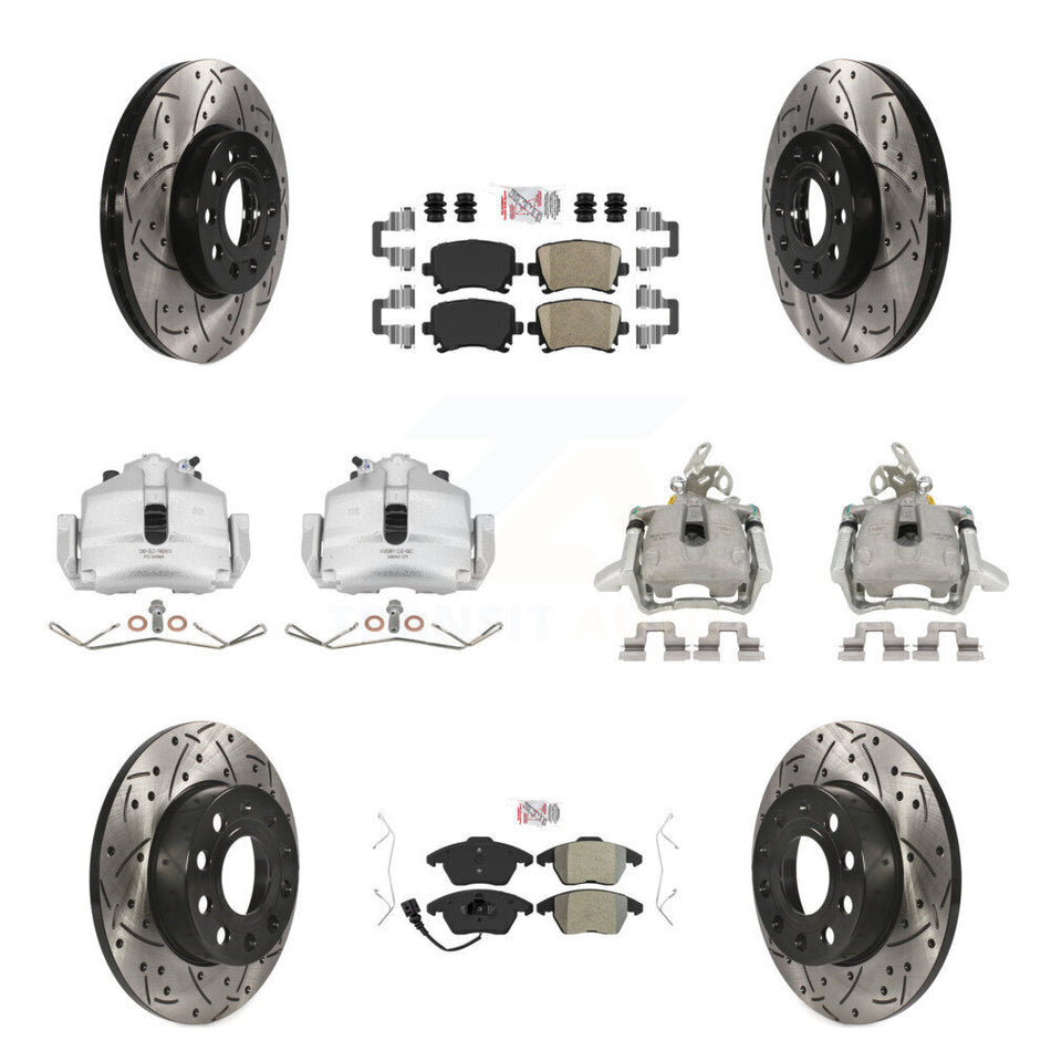 Front Rear Disc Brake Coated Caliper Drilled Slotted Rotors And PADSMATERIAL Pads Kit (10Pc) For 2006-2009 Volkswagen Rabbit KCD-100569N