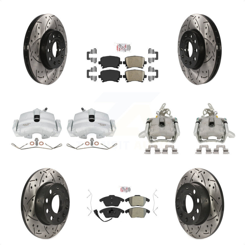 Front Rear Disc Brake Coated Caliper Drilled Slotted Rotors And PADSMATERIAL Pads Kit (10Pc) For 2006-2009 Volkswagen Rabbit KCD-100570N by Transit Auto