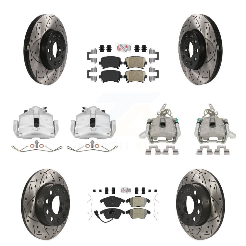 Front Rear Disc Brake Coated Caliper Drilled Slotted Rotors And PADSMATERIAL Pads Kit (10Pc) For 2006-2009 Volkswagen Rabbit KCD-100571N