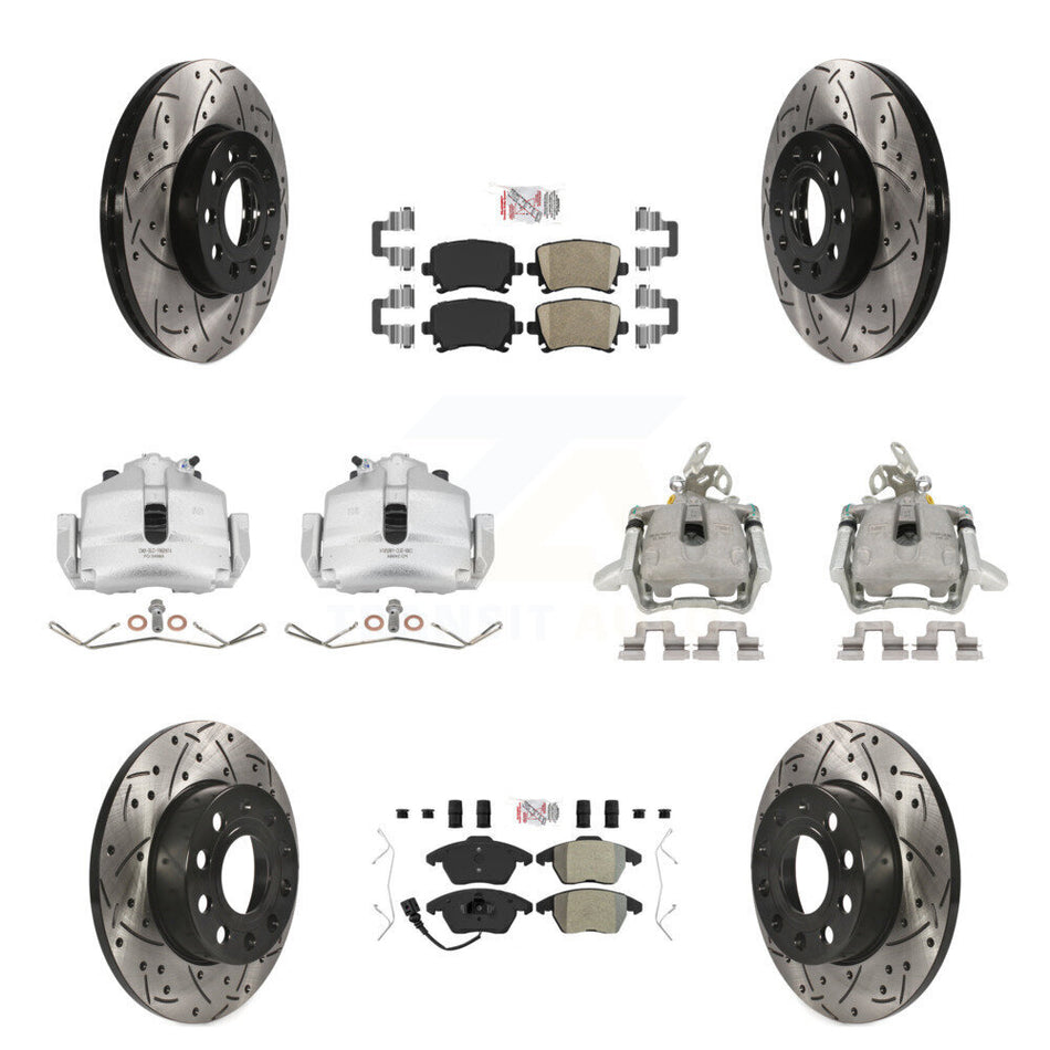 Front Rear Disc Brake Coated Caliper Drilled Slotted Rotors And PADSMATERIAL Pads Kit (10Pc) For 2006-2009 Volkswagen Rabbit KCD-100572N