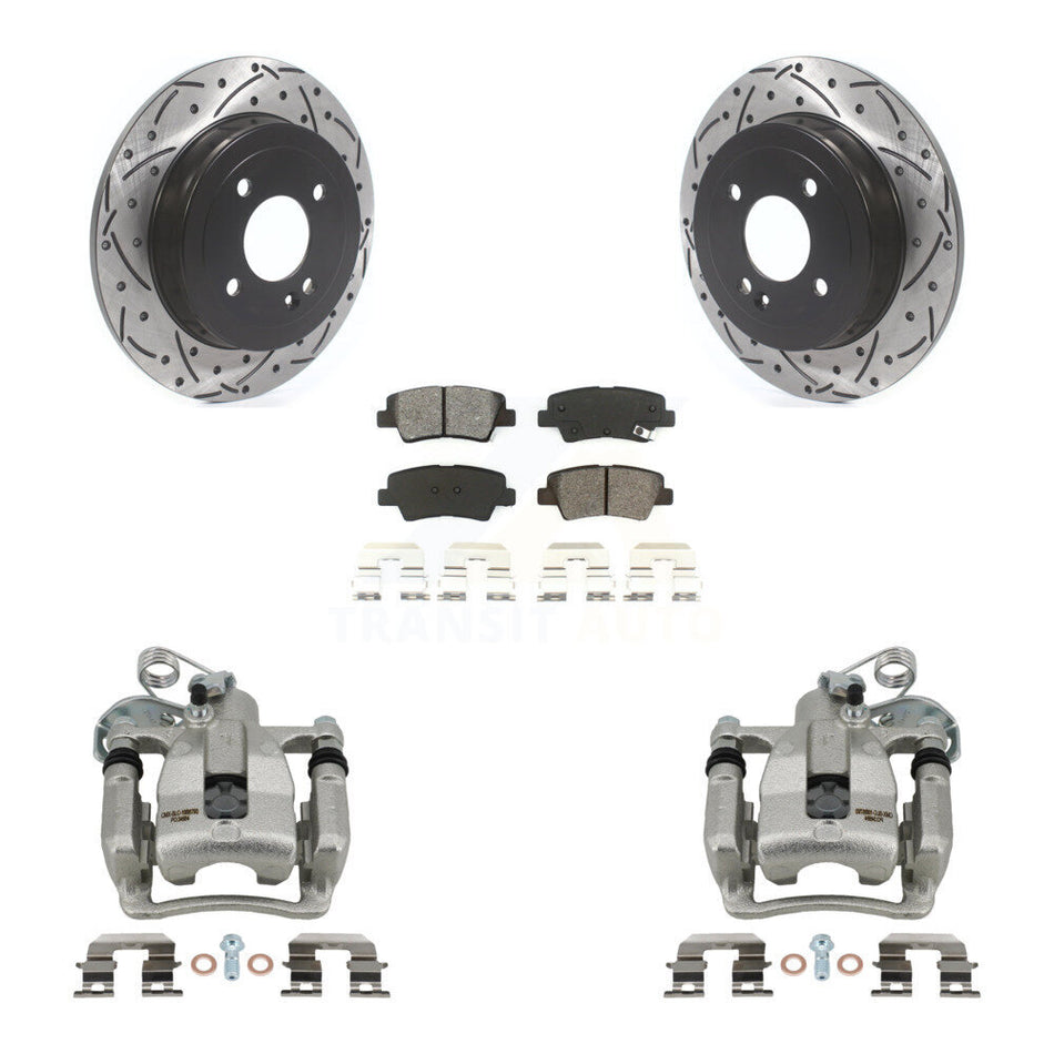 Rear Disc Brake Coated Caliper Drilled Slotted Rotors And Semi-Metallic Pads Kit For 2012-2016 Hyundai Accent KCD-100578S