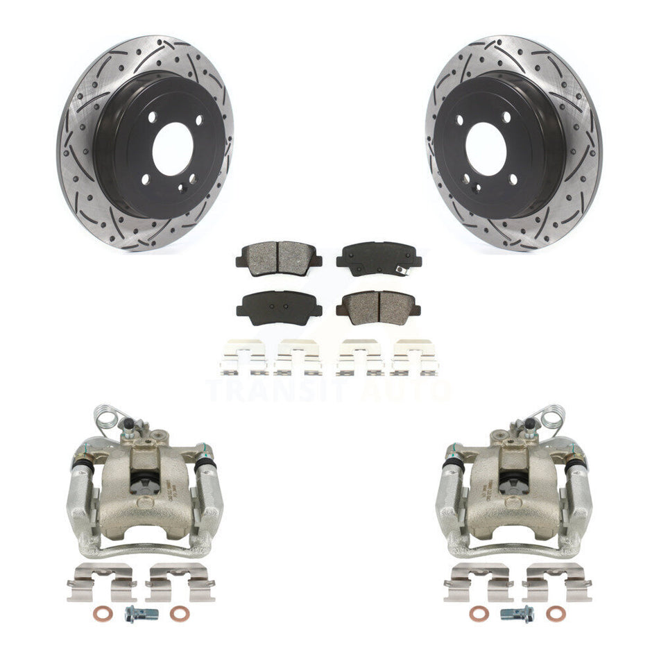 Rear Disc Brake Coated Caliper Drilled Slotted Rotors And Semi-Metallic Pads Kit For 2012-2017 Kia Rio KCD-100579S