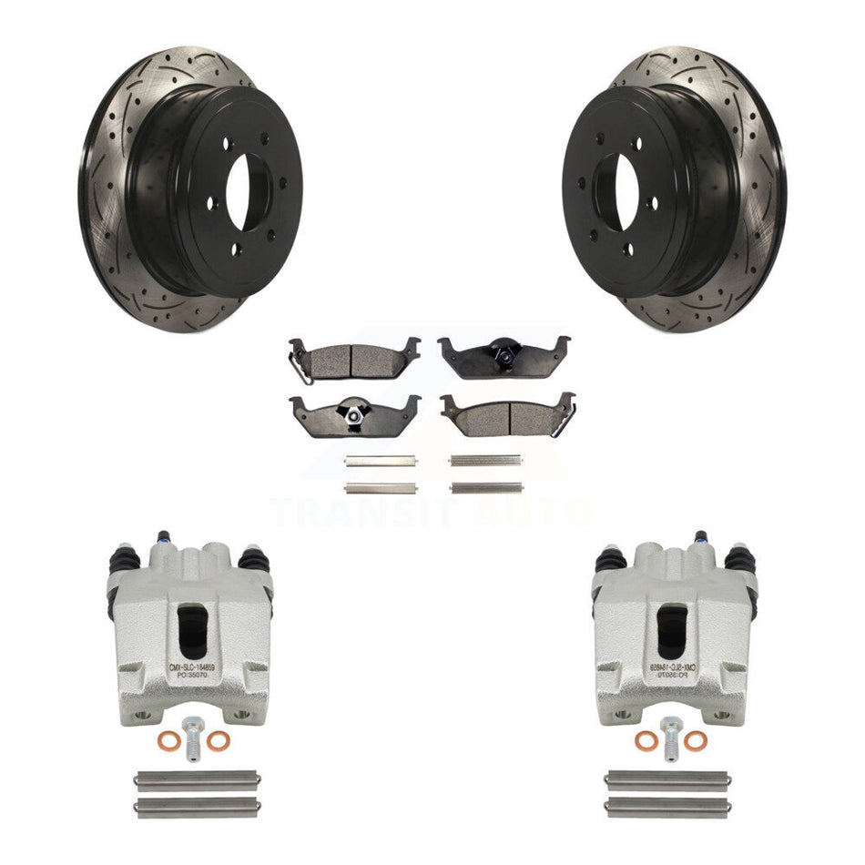 Rear Disc Brake Coated Caliper Drilled Slotted Rotors And Semi-Metallic Pads Kit For Ford F-150 Lincoln Mark LT KCD-100580P