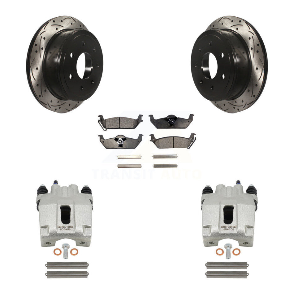 Rear Disc Brake Coated Caliper Drilled Slotted Rotors And Semi-Metallic Pads Kit For Ford F-150 Lincoln Mark LT KCD-100581P