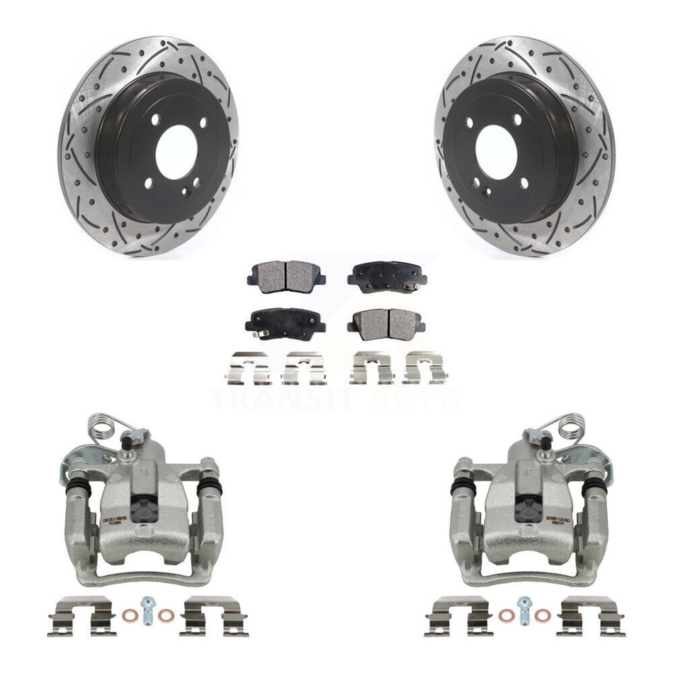 Rear Disc Brake Coated Caliper Drilled Slotted Rotors And Semi-Metallic Pads Kit For 2012-2016 Hyundai Accent KCD-100592P