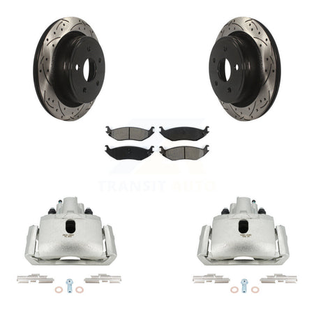 Rear Disc Brake Coated Caliper Drill Slot Rotor Semi-Metallic Pad Kit For Dodge Ram 1500 KCD-100592S