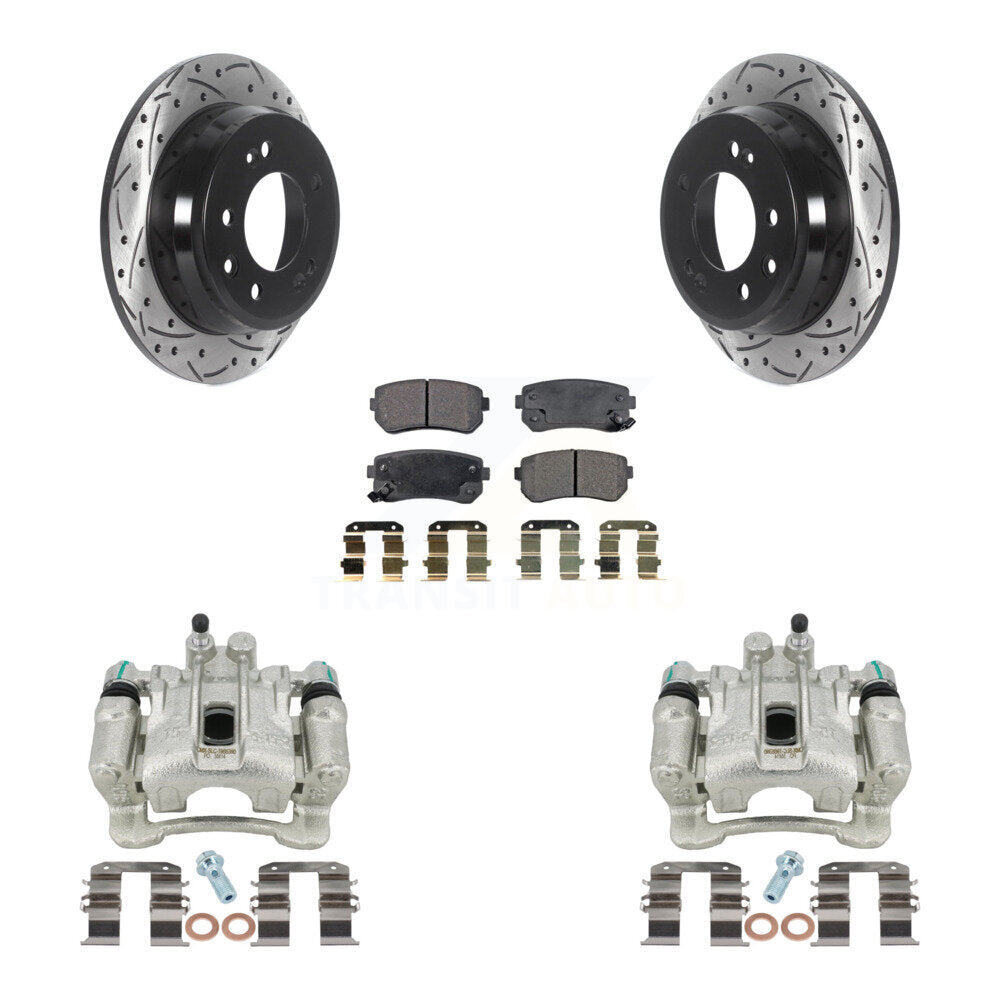 Rear Disc Brake Coated Caliper Drilled Slotted Rotors And Semi-Metallic Pads Kit For Hyundai Tucson Kia Sportage FWD KCD-100597P by Transit Auto