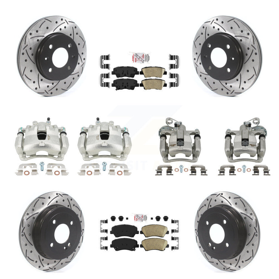 Front Rear Disc Brake Coated Caliper Drilled Slotted Rotors And Ceramic Pads Kit (10Pc) For 2012-2016 Hyundai Accent KCD-100602N