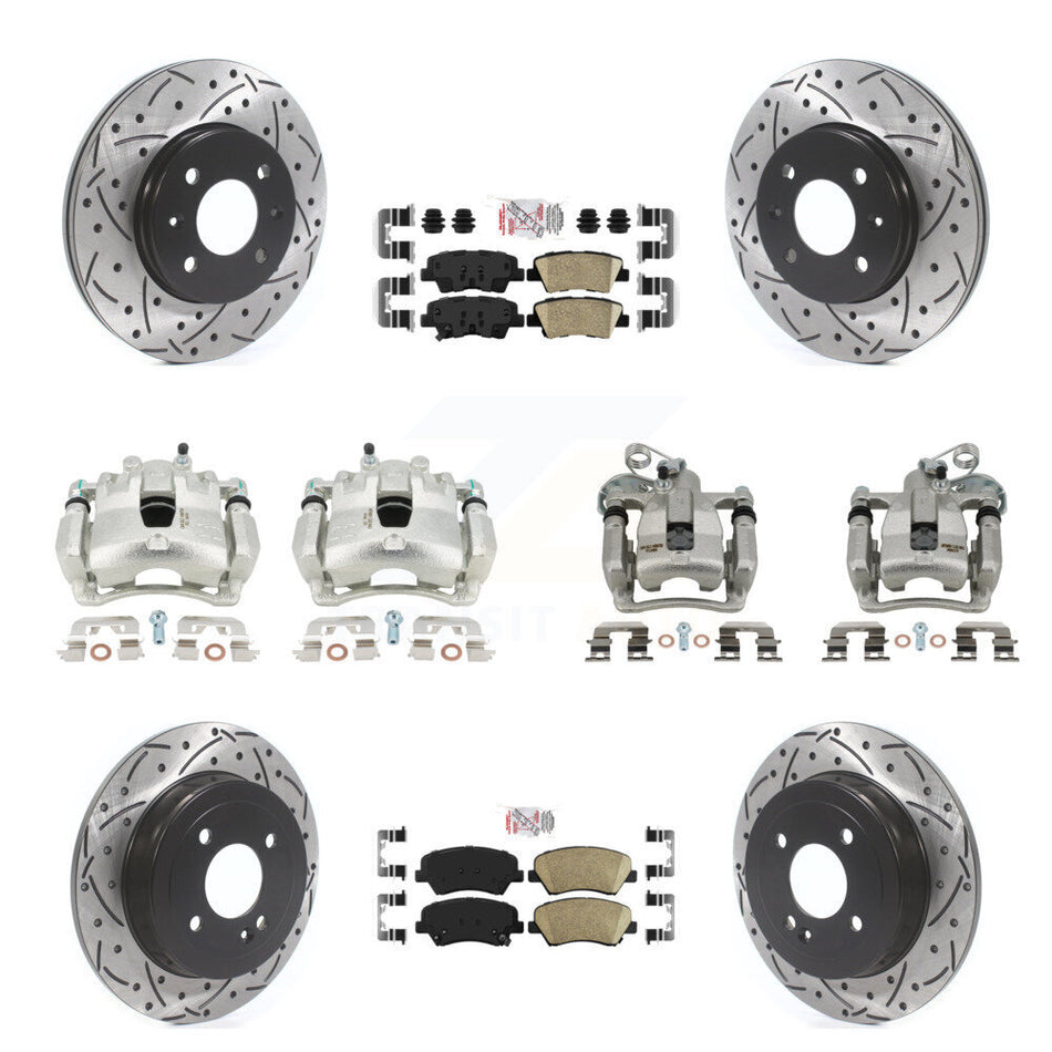 Front Rear Disc Brake Coated Caliper Drilled Slotted Rotors And Ceramic Pads Kit (10Pc) For 2012-2016 Hyundai Accent KCD-100605N