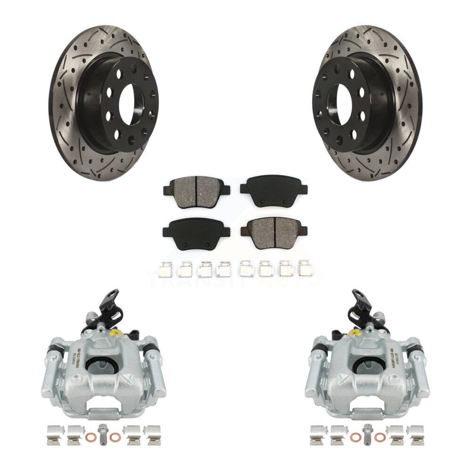 Rear Disc Brake Coated Caliper Drilled Slotted Rotors And Semi-Metallic Pads Kit For Volkswagen GTI Eos With 253mm Diameter Rotor KCD-100607S by Transit Auto