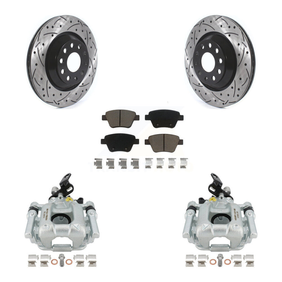 Rear Disc Brake Coated Caliper Drilled Slotted Rotors And Ceramic Pads Kit For 2013 Volkswagen GTI With 310mm Diameter Rotor KCD-100614C by Transit Auto