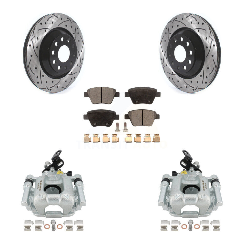 Rear Disc Brake Coated Caliper Drilled Slotted Rotors And Semi-Metallic Pads Kit For 2013 Volkswagen GTI With 310mm Diameter Rotor KCD-100620P by Transit Auto