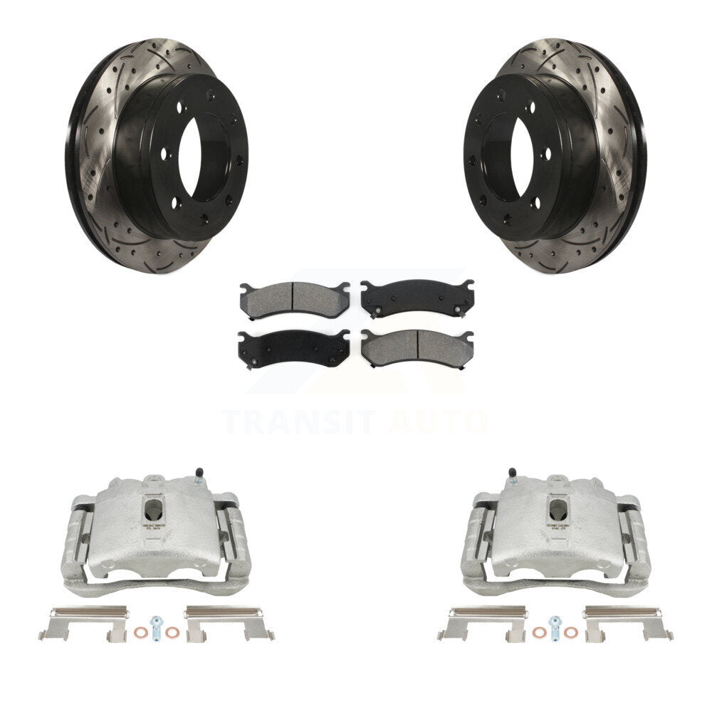 Rear Disc Brake Coated Caliper Drilled Slotted Rotors And Semi-Metallic Pads Kit For Chevrolet Silverado 2500 HD GMC Sierra Hummer H2 1500 Suburban Yukon XL Avalanche Classic KCD-100624S by Transit Auto