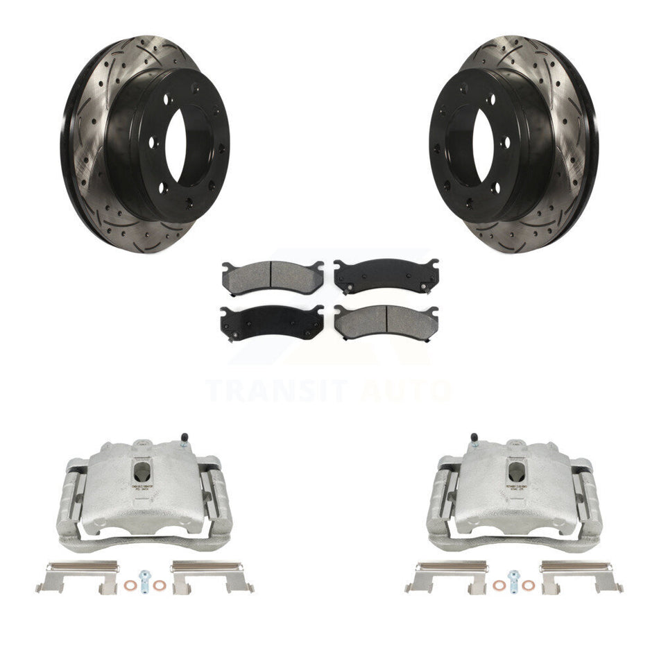 Rear Disc Brake Coated Caliper Drilled Slotted Rotors And Semi-Metallic Pads Kit For Chevrolet Silverado 2500 HD GMC Sierra Hummer H2 1500 Suburban Yukon XL Avalanche Classic KCD-100624S by Transit Auto