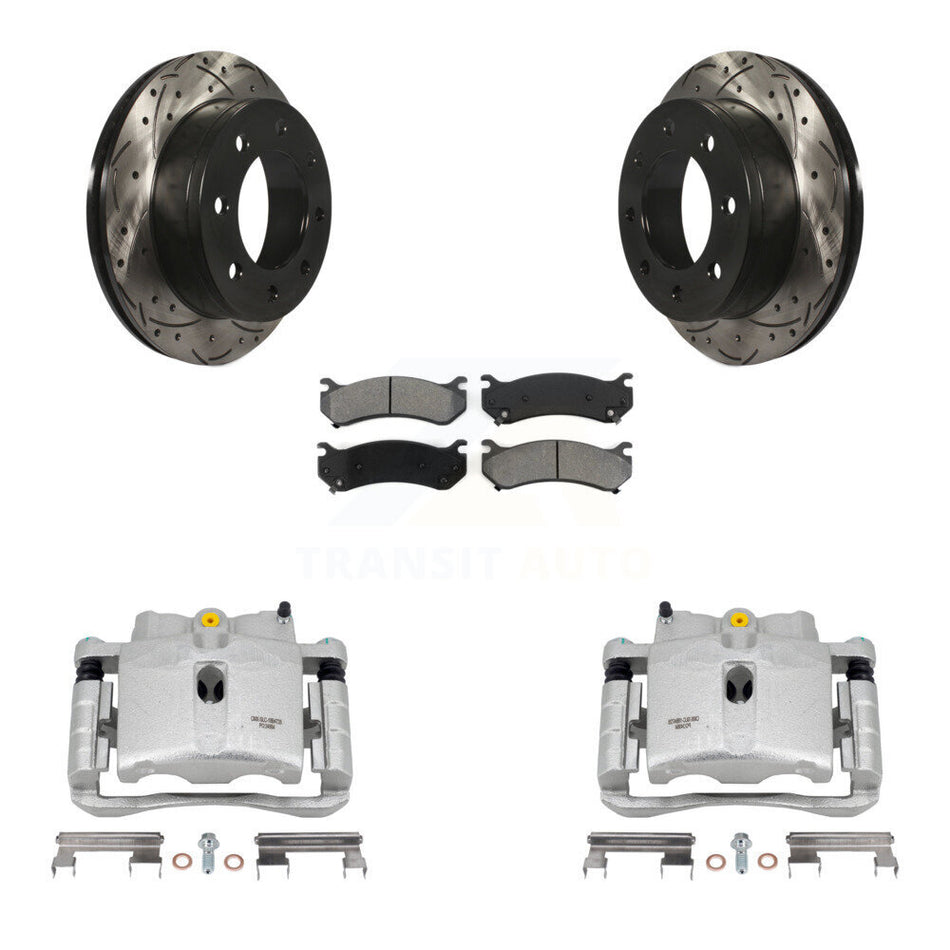 Rear Disc Brake Coated Caliper Drilled Slotted Rotors And Semi-Metallic Pads Kit For Chevrolet Silverado 2500 HD GMC Sierra Hummer H2 1500 Suburban Yukon XL Avalanche Classic KCD-100624S