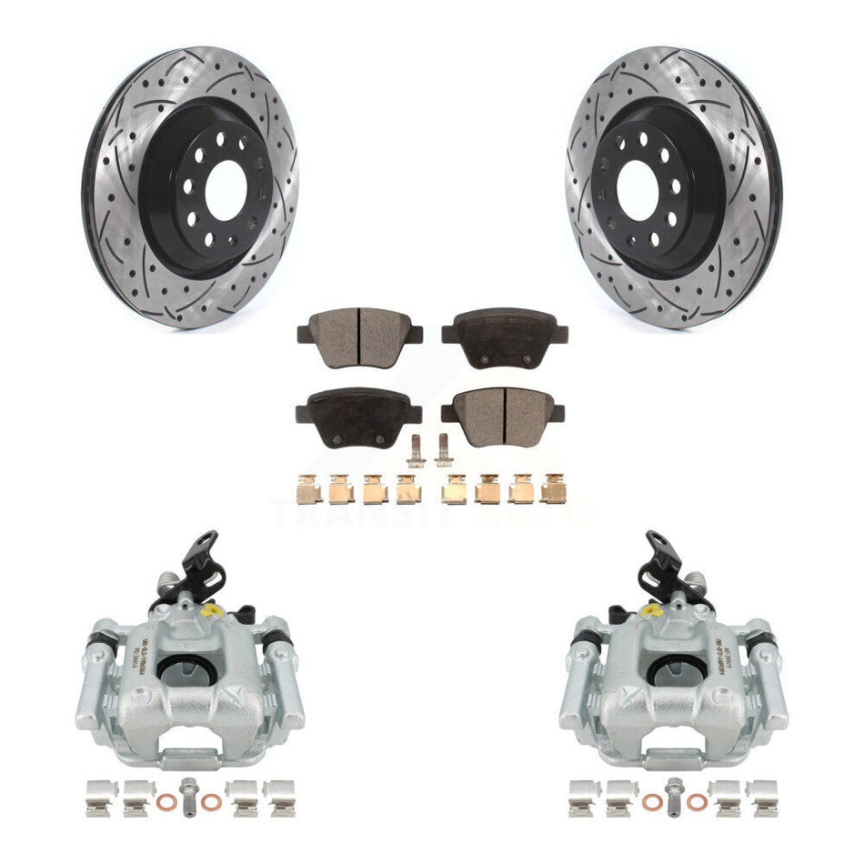 Rear Disc Brake Coated Caliper Drilled Slotted Rotors And Ceramic Pads Kit For 2013 Volkswagen GTI With 310mm Diameter Rotor KCD-100625T by Transit Auto