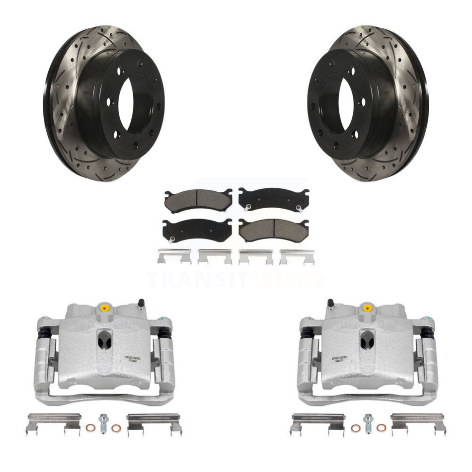 Rear Disc Brake Coated Caliper Drilled Slotted Rotors And Ceramic Pads Kit For Chevrolet Silverado 2500 HD GMC Sierra Hummer H2 1500 Suburban Yukon XL Avalanche Classic KCD-100633C