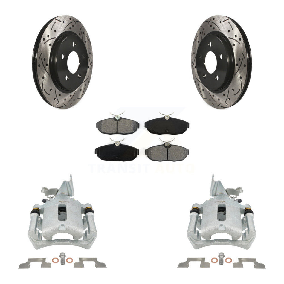 Rear Disc Brake Coated Caliper Drilled Slot Rotor Semi-Metallic Pad Kit For Ford Mustang KCD-100634S