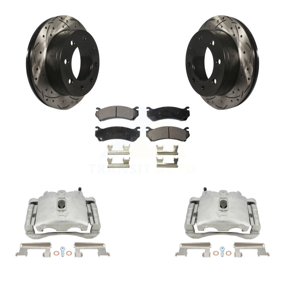 Rear Disc Brake Coated Caliper Drilled Slotted Rotors And Semi-Metallic Pads Kit For Chevrolet Silverado 2500 HD GMC Sierra Hummer H2 1500 Suburban Yukon XL Avalanche Classic KCD-100639P by Transit Auto