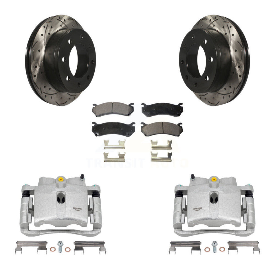 Rear Disc Brake Coated Caliper Drilled Slotted Rotors And Semi-Metallic Pads Kit For Chevrolet Silverado 2500 HD GMC Sierra Hummer H2 1500 Suburban Yukon XL Avalanche Classic KCD-100639P