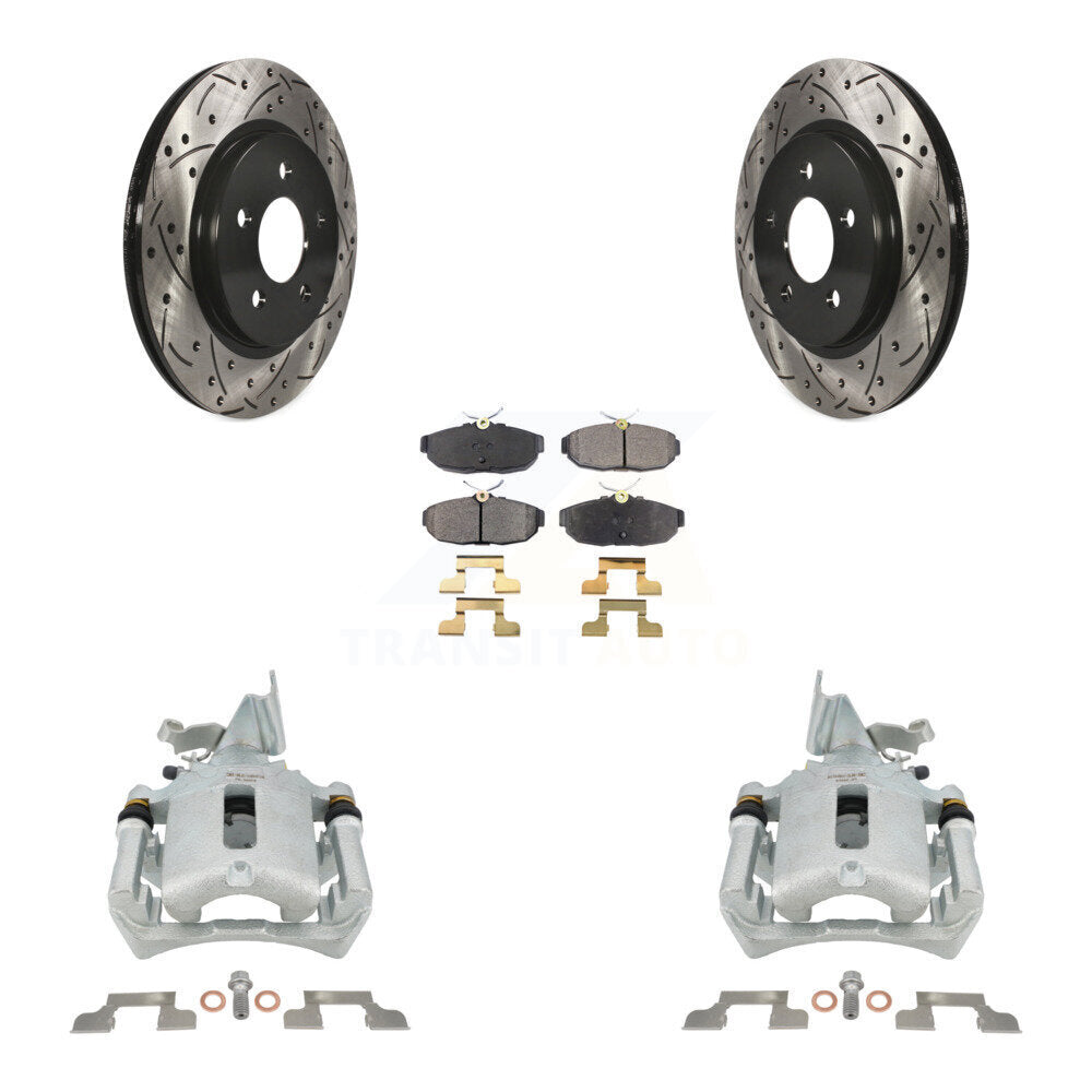 Rear Disc Brake Coated Caliper Drilled Slot Rotor Semi-Metallic Pad Kit For Ford Mustang KCD-100649P