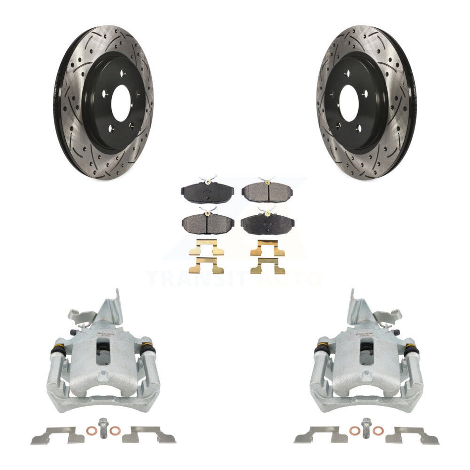 Rear Disc Brake Coated Caliper Drilled Slot Rotor Semi-Metallic Pad Kit For Ford Mustang KCD-100649P