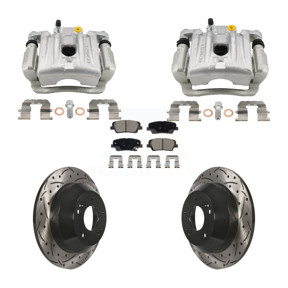 Rear Brake Caliper Drill Slotted Rotors Ceramic Pad Kit For Hyundai Santa Fe Kia Sorento KCD-100666C