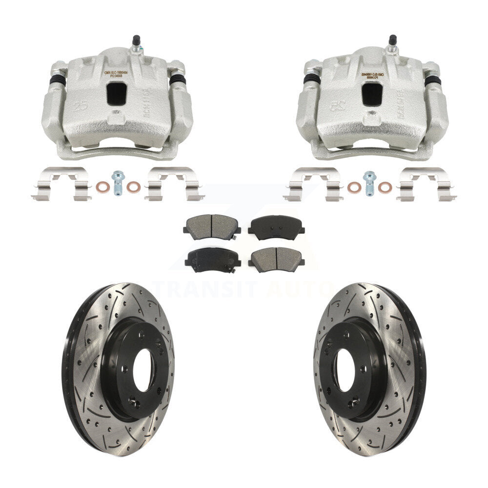 Front Brake Caliper Drill Slotted Rotors Semi-Metallic Pad Kit For Hyundai Elantra Coupe KCD-100680S