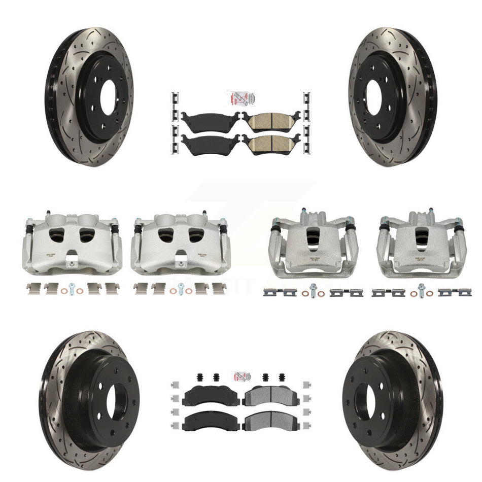 Front Rear Disc Brake Coated Caliper Drilled Slotted Rotors And PADSMATERIAL Pads Kit (10Pc) For 2012-2014 Ford F-150 With 7 Lug Wheels KCD-100683N