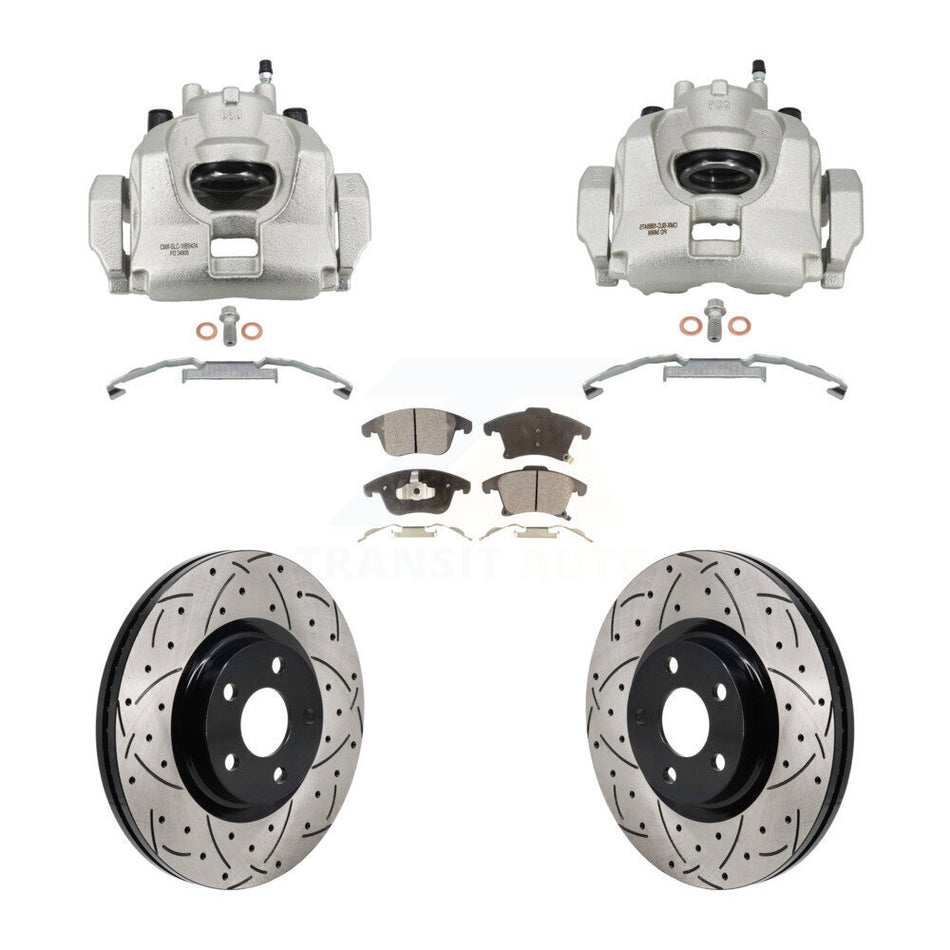 Front Disc Brake Coated Caliper Drilled Slot Rotor Semi-Metallic Pad Kit For Lincoln MKZ KCD-100683P