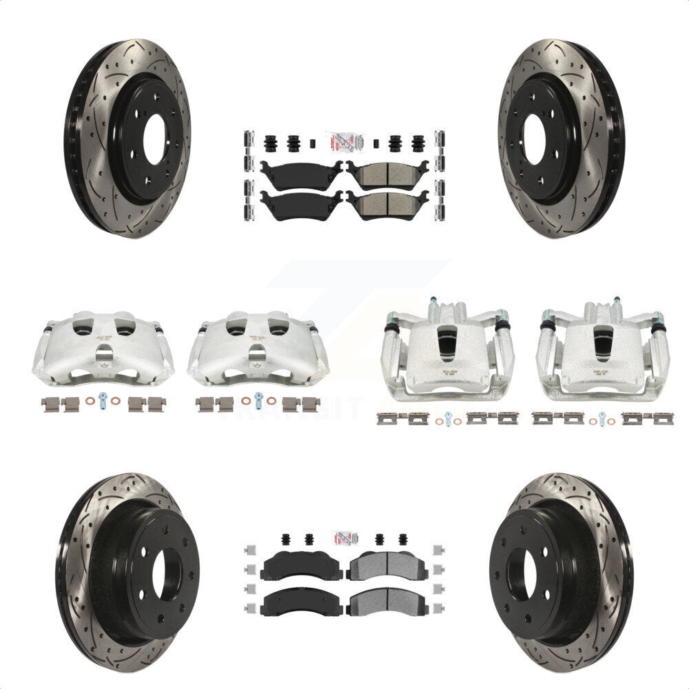 Front Rear Disc Brake Coated Caliper Drilled Slotted Rotors And Semi-Metallic Pads Kit (10Pc) For 2012-2014 Ford F-150 With 7 Lug Wheels KCD-100685N by Transit Auto