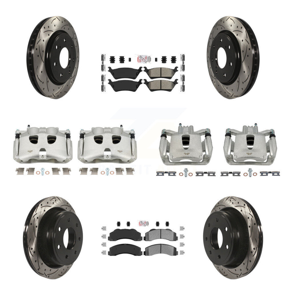 Front Rear Disc Brake Coated Caliper Drilled Slotted Rotors And Semi-Metallic Pads Kit (10Pc) For 2012-2014 Ford F-150 With 7 Lug Wheels KCD-100685N