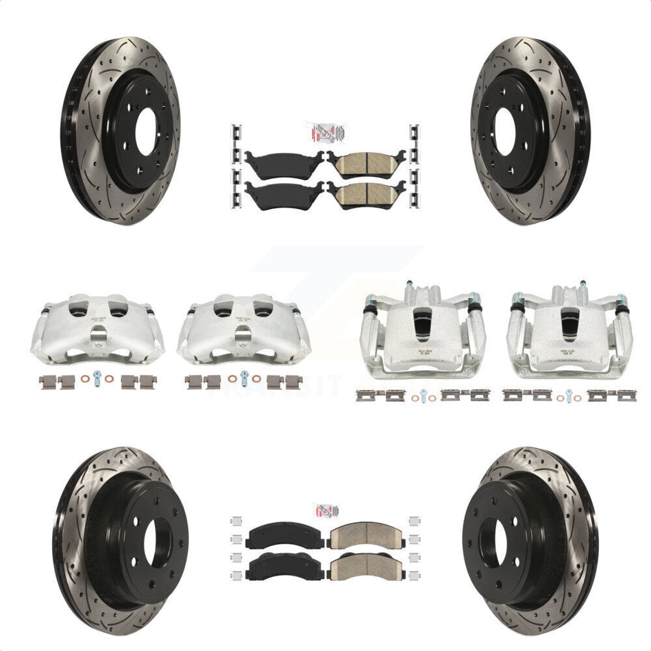 Front Rear Disc Brake Coated Caliper Drilled Slotted Rotors And Ceramic Pads Kit (10Pc) For 2012-2014 Ford F-150 With 7 Lug Wheels KCD-100686N by Transit Auto