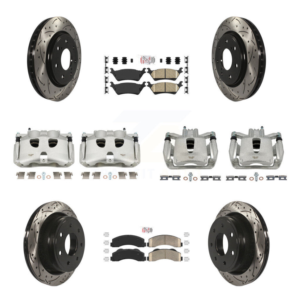 Front Rear Disc Brake Coated Caliper Drilled Slotted Rotors And Ceramic Pads Kit (10Pc) For 2012-2014 Ford F-150 With 7 Lug Wheels KCD-100687N