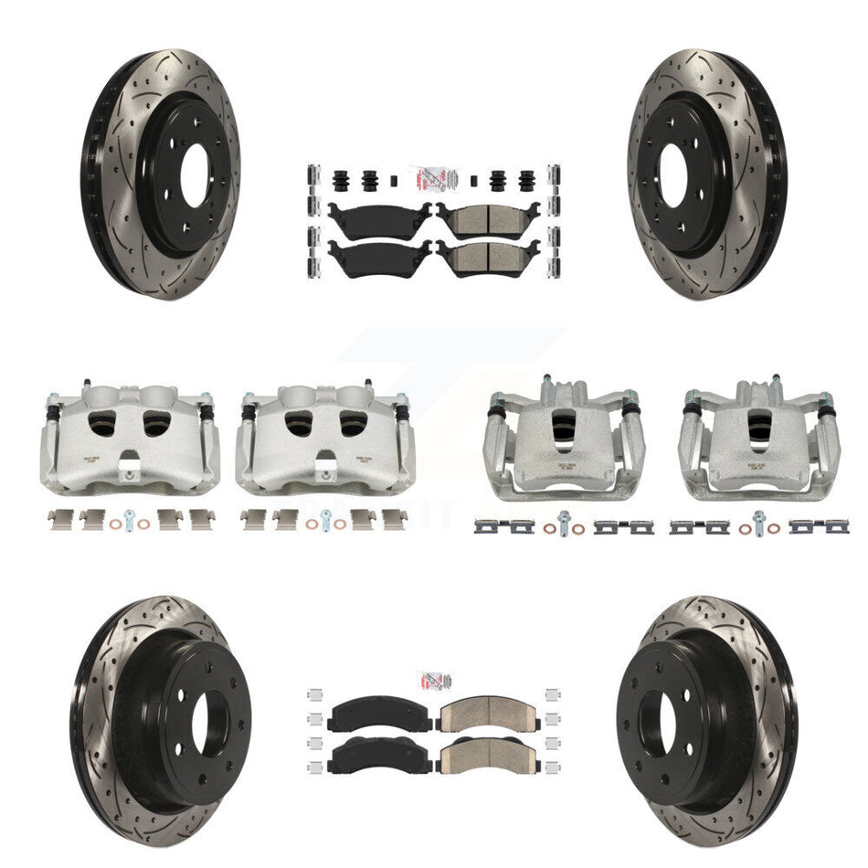 Front Rear Disc Brake Coated Caliper Drilled Slotted Rotors And PADSMATERIAL Pads Kit (10Pc) For 2012-2014 Ford F-150 With 7 Lug Wheels KCD-100688N